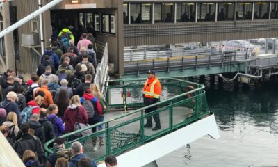 Crowd of passengers waiting in line on a boarding ramp toward a ferry at a dock, with a uniformed staff member in an orange vest nearby.