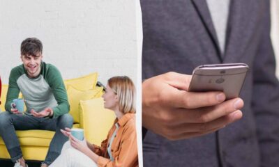 Two people sit on a bright yellow couch, chatting and holding mugs; a separate right frame shows a hand using a smartphone