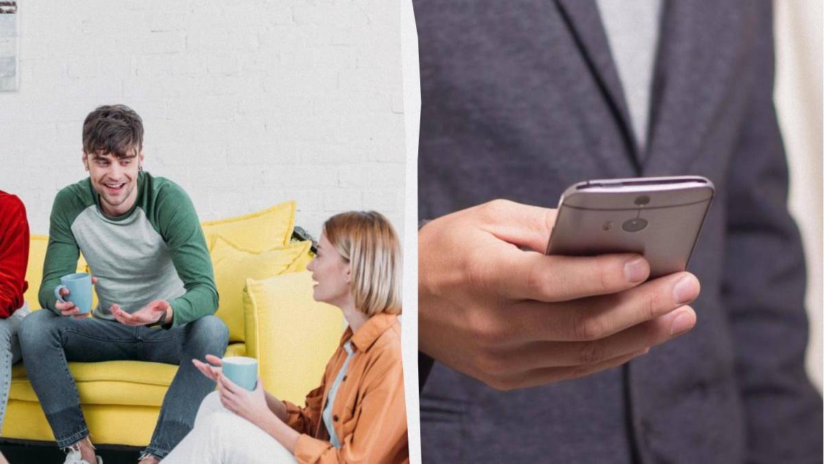 Two people sit on a bright yellow couch, chatting and holding mugs; a separate right frame shows a hand using a smartphone
