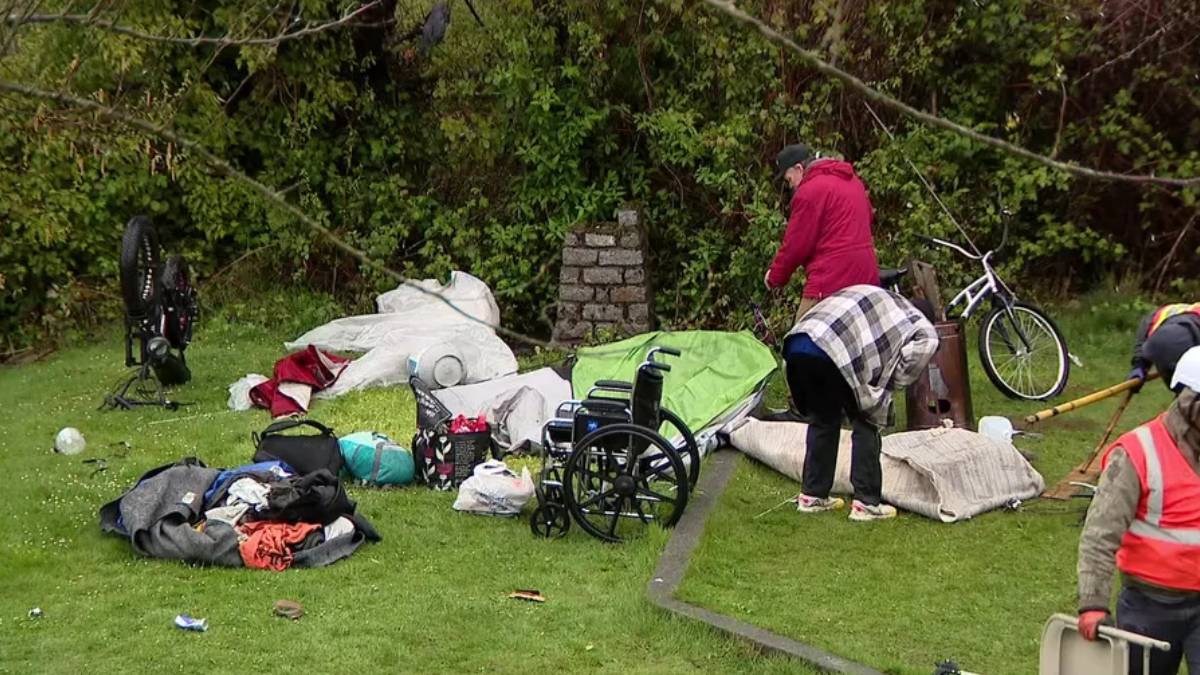 Outdoor cleanup scene: scattered gear, clothing, and tents on the grass with a wheelchair and a bicycle nearby.