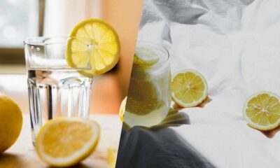 Collage of lemons and a glass of water: a lemon slice on the glass rim, a tall glass of water, and halved lemons on a bright kitchen surface.