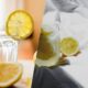 Collage of lemons and a glass of water: a lemon slice on the glass rim, a tall glass of water, and halved lemons on a bright kitchen surface.