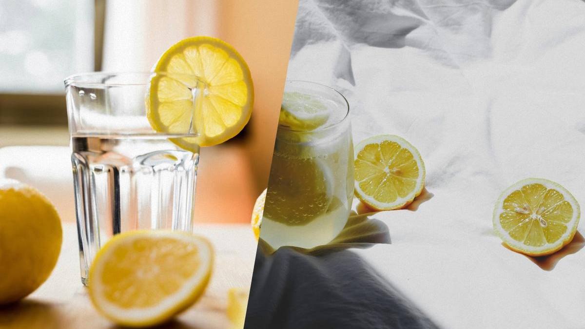 Collage of lemons and a glass of water: a lemon slice on the glass rim, a tall glass of water, and halved lemons on a bright kitchen surface.