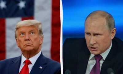 Split image: Donald Trump on the left with an American flag behind him, and Vladimir Putin on the right at a podium with blue lighting.