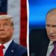 Split image: Donald Trump on the left with an American flag behind him, and Vladimir Putin on the right at a podium with blue lighting.