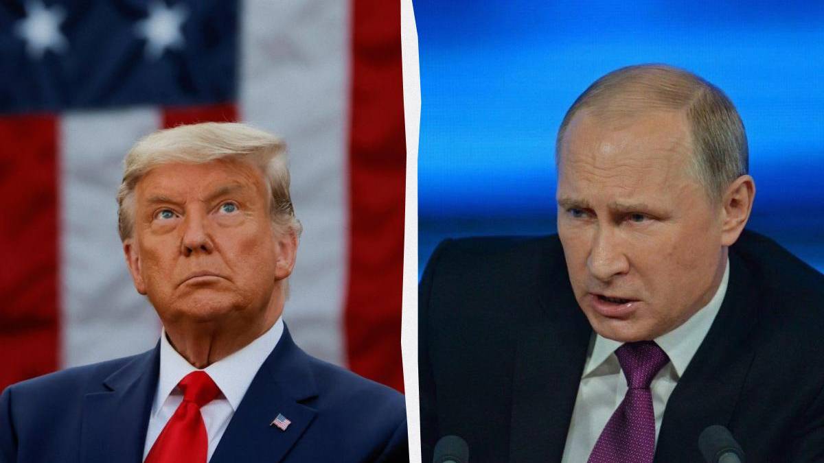 Split image: Donald Trump on the left with an American flag behind him, and Vladimir Putin on the right at a podium with blue lighting.