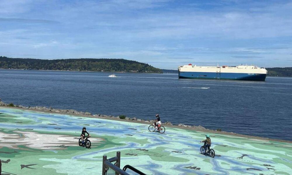 Bicyclists ride on a colorful mural-covered waterfront plaza with a large ship in the calm sea beyond and a forested shoreline in the distance.