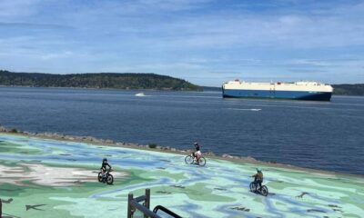 Bicyclists ride on a colorful mural-covered waterfront plaza with a large ship in the calm sea beyond and a forested shoreline in the distance.