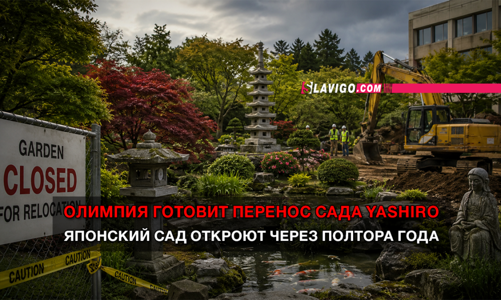 Garden under construction with a pond, pagoda, and workers; sign says Garden Closed for Relocation with caution tape; overlay text references Olympics moving the Yashiro Japanese Garden in 1.5 years