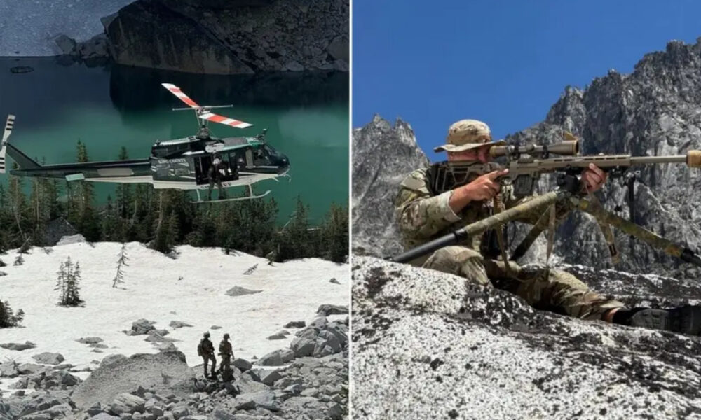 Military helicopter hovering over a snow-covered slope beside a turquoise lake with two soldiers standing nearby on rocky terrain (split image).