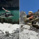 Military helicopter hovering over a snow-covered slope beside a turquoise lake with two soldiers standing nearby on rocky terrain (split image).
