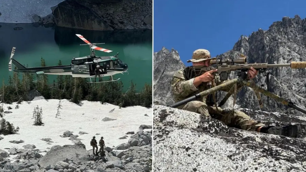 Military helicopter hovering over a snow-covered slope beside a turquoise lake with two soldiers standing nearby on rocky terrain (split image).
