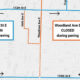 Map showing roads open for paving on 112th St E (left) with blue border; Woodland Ave E closed during paving on the right (orange border). 112th St E at top, 128th St E at bottom, Canyon Rd E left, 86th Ave E right; arrows show travel directions.