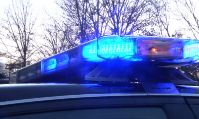 Police car roof with flashing blue emergency lights, evening scene with bare trees in background
