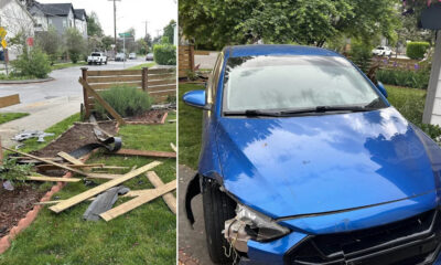 Split image: left shows a damaged wooden fence with scattered boards in a yard; right shows a blue car with front-end damage and missing bumper part on the driveway.
