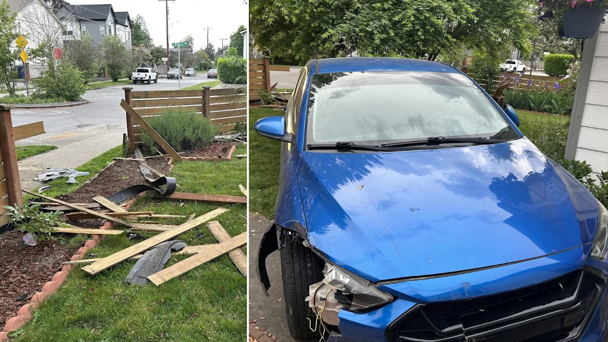Split image: left shows a damaged wooden fence with scattered boards in a yard; right shows a blue car with front-end damage and missing bumper part on the driveway.