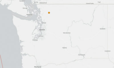Map of the Pacific Northwest with an orange marker northeast of Seattle in Washington state.
