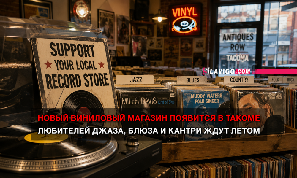 Record store interior with a bold sign reading 'Support Your Local Record Store' and shelves of jazz, blues, and country vinyl.