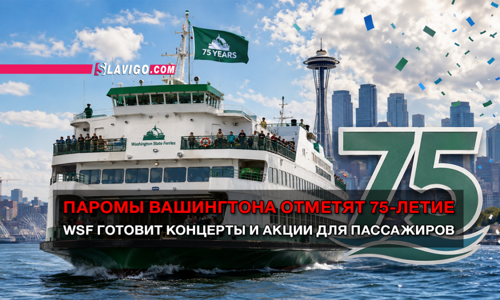 Праздничный паром Washington State Ferries на воде у Сиэтла, крупная цифра 75 и конфетти на фоне.