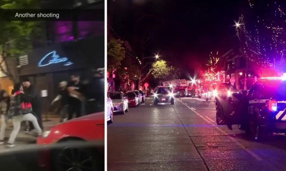 Two-panel scene: left shows people on a sidewalk with a 'Another shooting' caption; right shows a street at night with police cars and flashing lights.