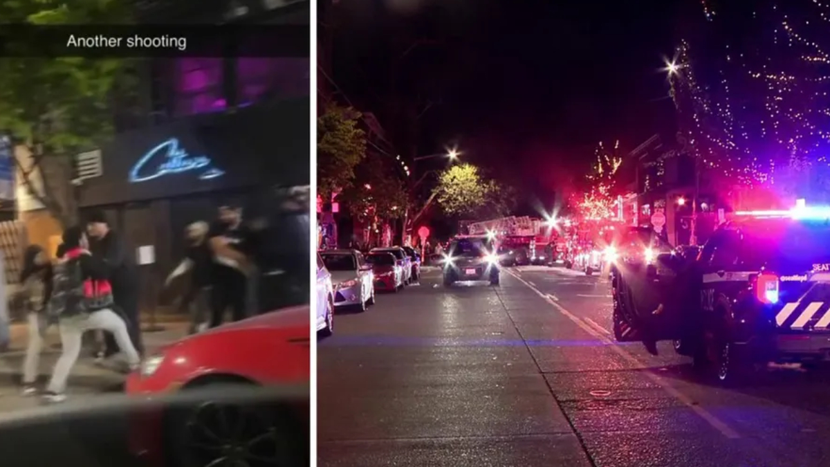 Two-panel scene: left shows people on a sidewalk with a 'Another shooting' caption; right shows a street at night with police cars and flashing lights.