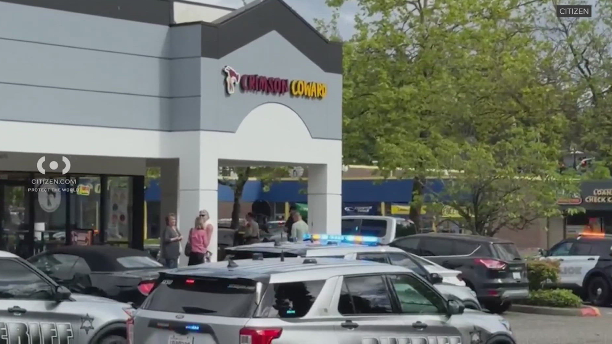 Police cars with flashing lights block a shopping center lot in front of a storefront, with pedestrians nearby.