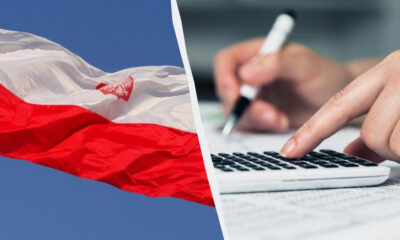 Split image: Poland's flag on the left and a person using a calculator with a pen on the right, implying finance in Poland.