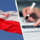 Split image: Poland's flag on the left and a person using a calculator with a pen on the right, implying finance in Poland.