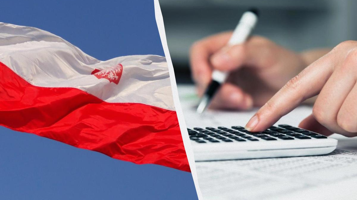 Split image: Poland's flag on the left and a person using a calculator with a pen on the right, implying finance in Poland.