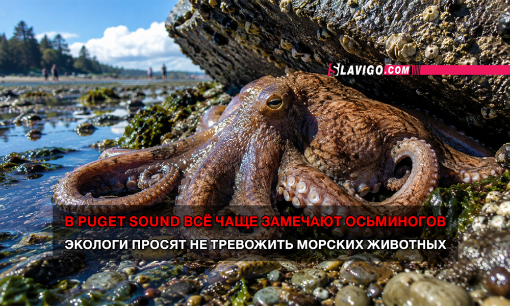 Octopus on a rocky tidal shore with a Russian news banner about Puget Sound octopuses and ecologists asking not to disturb marine life.