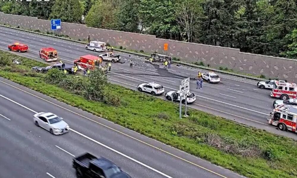 Multiple vehicles involved in a highway crash with emergency responders on a divided freeway median.