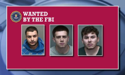 FBI wanted poster on a maroon background showing three mugshots beneath 'WANTED BY THE FBI' with the FBI seal in the corner for context.