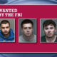FBI wanted poster on a maroon background showing three mugshots beneath 'WANTED BY THE FBI' with the FBI seal in the corner for context.