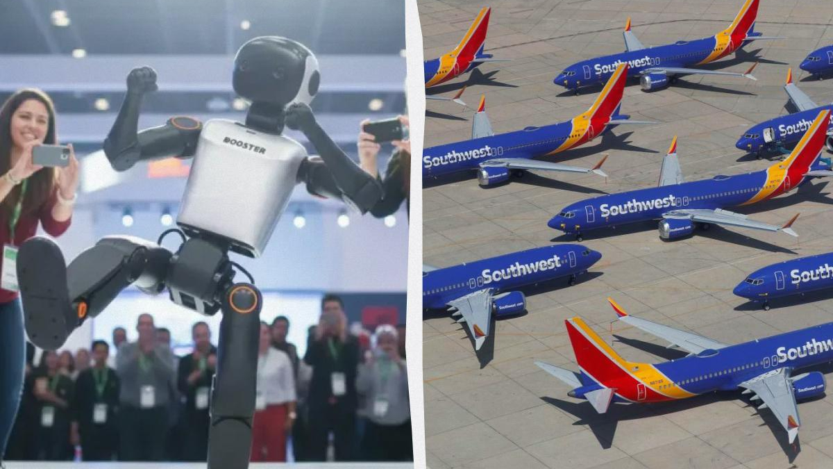 Split image: a silver humanoid robot posing with raised fists while people photograph it at a expo; on the right, several Southwest Airlines planes parked on a tarmac.