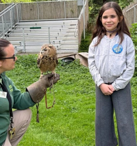 Wildlife educator kneels in a grassy outdoor area, holding an owl on a gloved hand while a young girl watches attentively.