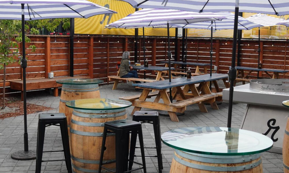 Outdoor beer garden scene with wooden picnic tables under striped purple umbrellas; barrel tables with glass tops and a lone person seated at a table in the background.