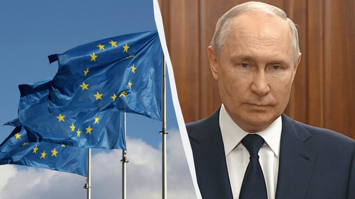 Split image showing the European Union flag on the left and a stern man in a dark suit on the right, separated by a curved white divider.