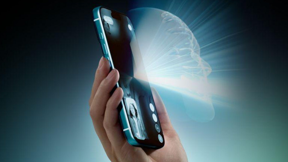 Hand holding a teal smartphone with a glowing brain hologram projecting from the screen, symbolizing AI technology