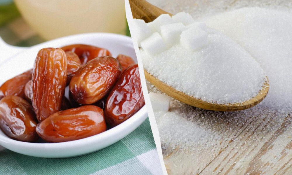 Dates in a white bowl on a green cloth alongside a wooden spoon piled with granulated sugar, shown as a split-image collage for sweetness ingredients.