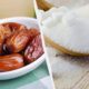 Dates in a white bowl on a green cloth alongside a wooden spoon piled with granulated sugar, shown as a split-image collage for sweetness ingredients.