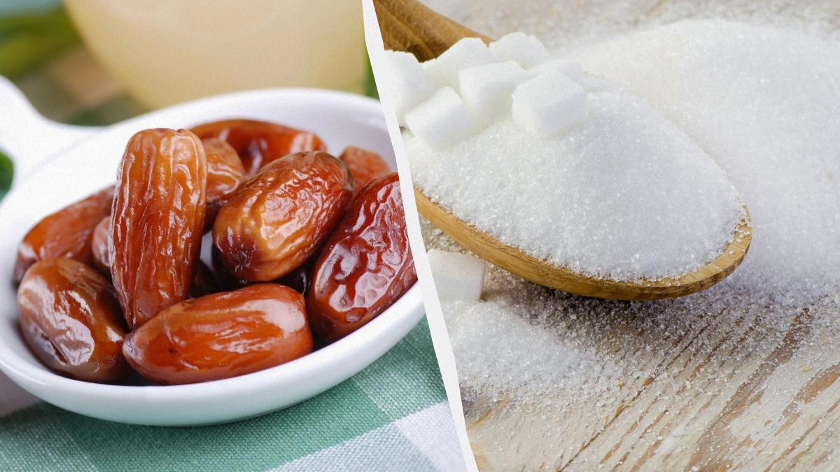 Dates in a white bowl on a green cloth alongside a wooden spoon piled with granulated sugar, shown as a split-image collage for sweetness ingredients.