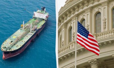 Split image: oil tanker at sea on the left; the U.S. flag waving in front of a grand government building on the right.