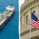 Split image: oil tanker at sea on the left; the U.S. flag waving in front of a grand government building on the right.