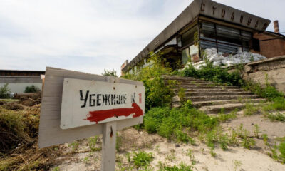 Abandoned building with overgrown vegetation and a weathered sign in Russian pointing right toward shelter 1.