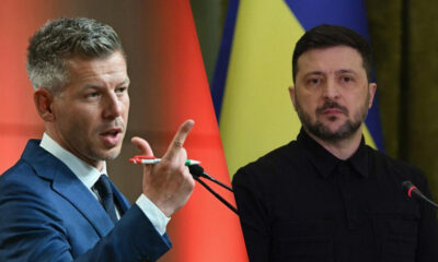 Split image of two men at separate podiums: left, a gray-haired man in a blue suit speaking into a microphone with a red marker; right, a man in a black polo in front of a Ukrainian flag.