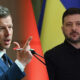 Split image of two men at separate podiums: left, a gray-haired man in a blue suit speaking into a microphone with a red marker; right, a man in a black polo in front of a Ukrainian flag.