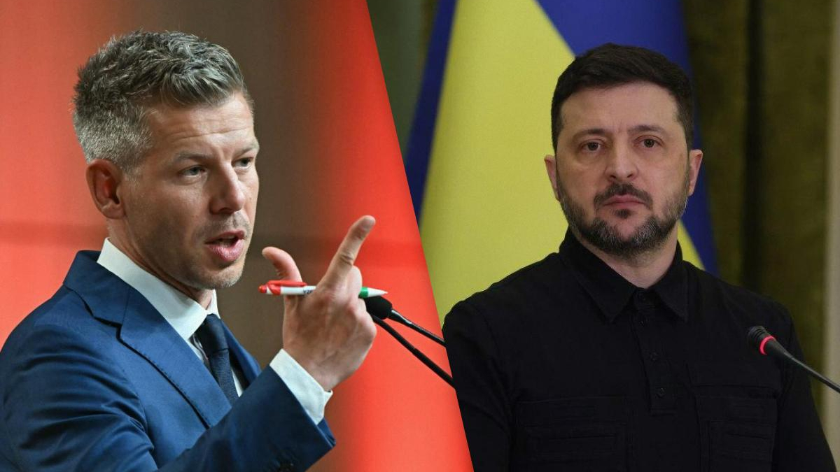 Split image of two men at separate podiums: left, a gray-haired man in a blue suit speaking into a microphone with a red marker; right, a man in a black polo in front of a Ukrainian flag.