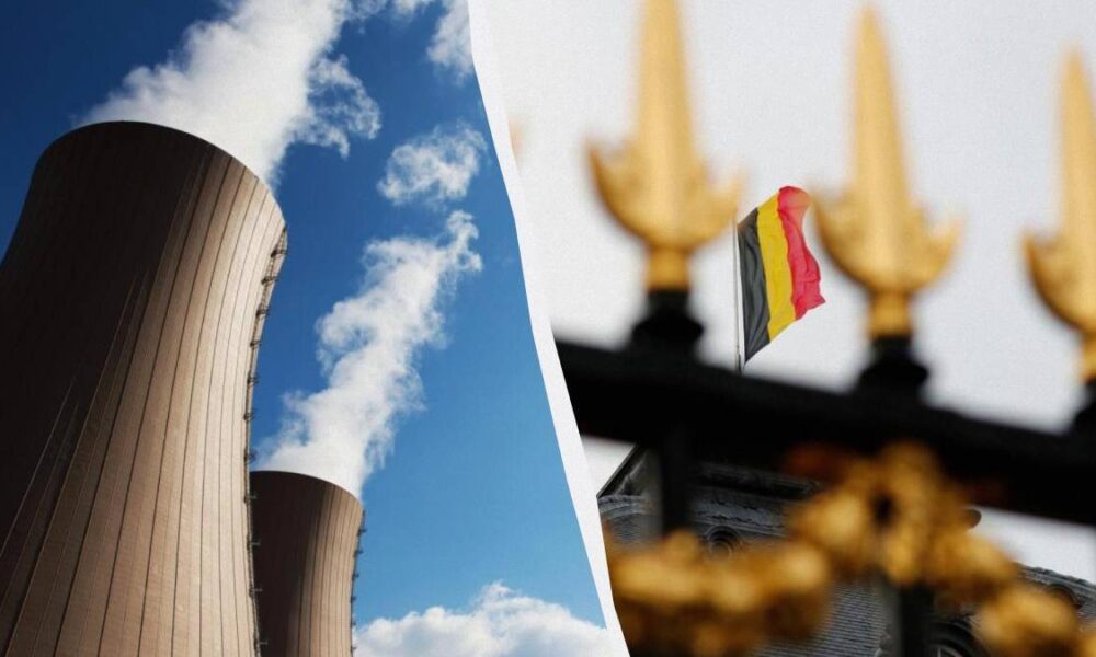 Split image: industrial cooling towers on the left with a blue sky, and a Belgian flag near a gold-ornate fence on the right