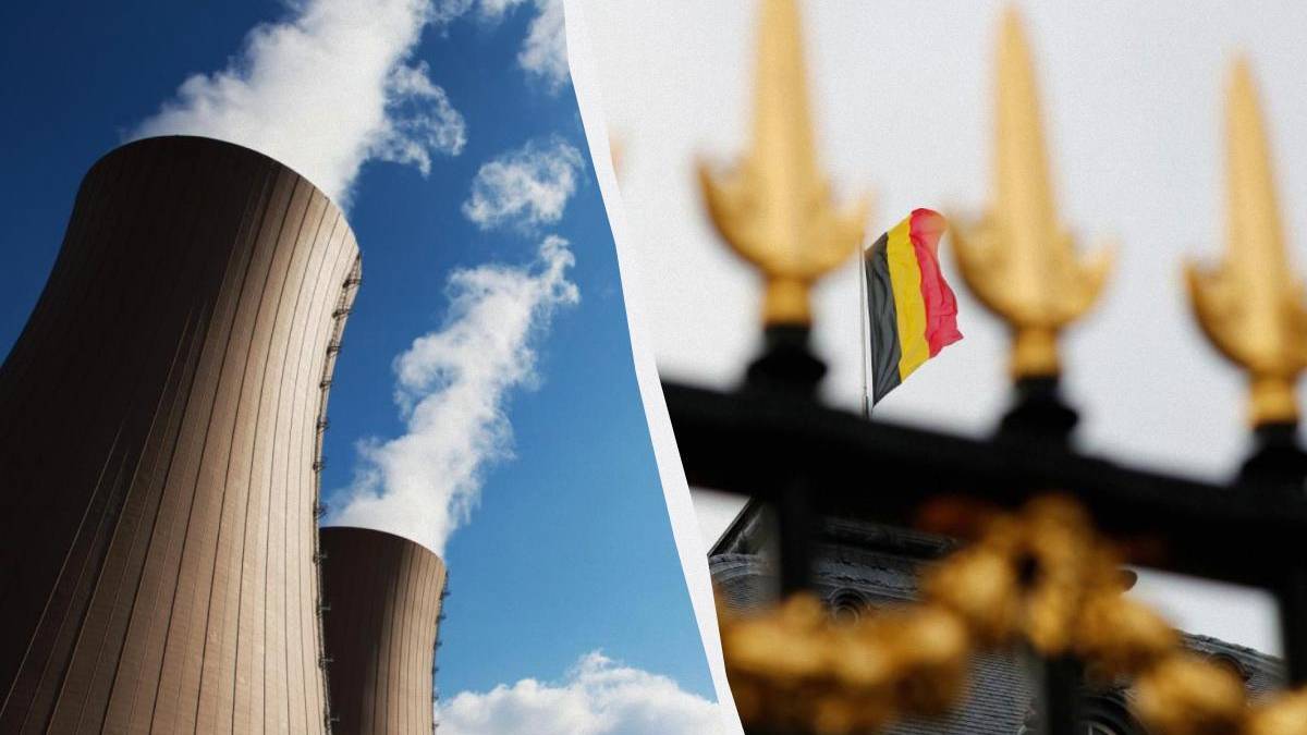 Split image: industrial cooling towers on the left with a blue sky, and a Belgian flag near a gold-ornate fence on the right