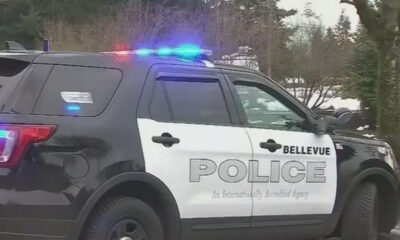 Bellevue Police SUV with blue and red emergency lights flashing, side view